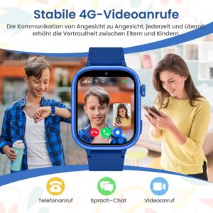 4G Kinder-Smartwatch mit GPS und Telefon - IP67 Wasserdicht, Videoanrufe, Schulmodus, Schrittzähler - Blau