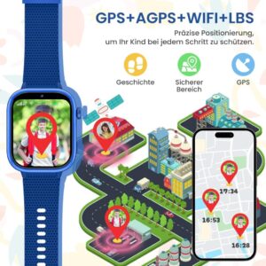 4G Kinder-Smartwatch mit GPS und Telefon - IP67 Wasserdicht, Videoanrufe, Schulmodus, Schrittzähler - Blau