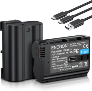 ENEGON EN-EL15/EL15a/b/c USB-C Direktladung Ersatzakkus 2100mAh (2er-Pack) mit 2-in-1 USB-C Ladekabel für Nikon Kameras