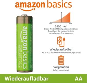 Amazon Basics AA-Batterien mit hoher Kapazität, NiMH, wiederaufladbar, 2400 mAh, vorgeladen, 8 Stück