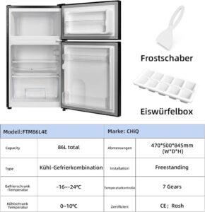 CHIQ 86 Liter Zweitüriger Kompaktkühlschrank mit 4-Sterne-Gefrierfach und Eiswürfelbereiter