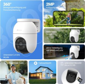 EZVIZ 2MP Überwachungskamera Aussen, WLAN IP Kamera mit 360° Abdeckung und Zwei-Wege-Audio