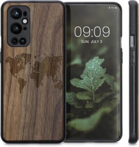 kwmobile Hülle für OnePlus 9 Pro - Robustes Holz Case in Dunkelbraun mit Travel Umriss Design