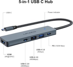 USB C Hub mit 4K HDMI, PD100W, USB C, 2*USB A Datenports – Dein All-in-One Multiportadapter