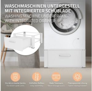 ML-Design Waschmaschinen Untergestell mit Schublade 63x54cm Stahl Weiß bis 150kg - Stabiler Unterbau für Trockner/Kühlschrank