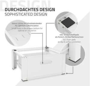 ML-Design Waschmaschinen Untergestell mit Schublade 63x54cm Stahl Weiß bis 150kg - Stabiler Unterbau für Trockner/Kühlschrank