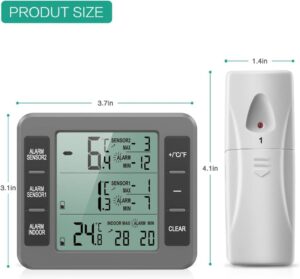 ORIA Kühlschrank Thermometer mit Alarmfunktion und 2 Sensoren - Grau