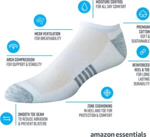 Amazon Essentials Herren Sportliche No-Show-Sportsocken aus gepolsterter, atmungsaktiver Funktionsbaumwolle, 6 Paar