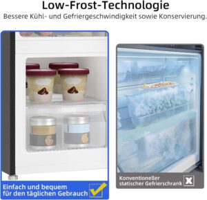 CHIQ Freistehender Kühlschrank mit Gefrierfach - Kühl-Gefrierkombination mit Low-frost Technologie und dunklem Edelstahl-Look