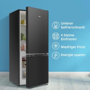 CHIQ Freistehender Kühlschrank mit Gefrierfach - Kühl-Gefrierkombination mit Low-frost Technologie und dunklem Edelstahl-Look