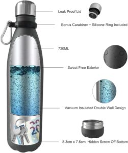 Domemit Wasserflasche aus Edelstahl mit Storage-Box - Isoliert und auslaufsicher für Reisen und Zuhause, 730ml, Schwarz