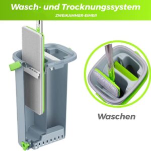 EasyGleam Set Wischmopp & Eimer zum Auswringen – Flacher Mikrofaser-Wischmopp mit Edelstahlgriff