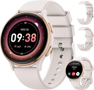 AIMIUVEI Smartwatch Damen in Elfenbein/Gold mit Telefonfunktion und Fitness Tracker