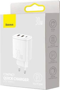 Baseus Compact 2U+C Netzladegerät - 30W PD QC3.0 mit USB-C und 2X USB-A Anschlüssen