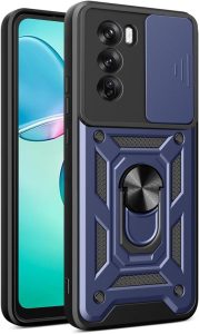 BEEJTUNY Handyhülle für Oppo Reno12 Pro 5G - Blaue Stoßfeste Schutzhülle mit 360°Ringständer und Objektiv Cover