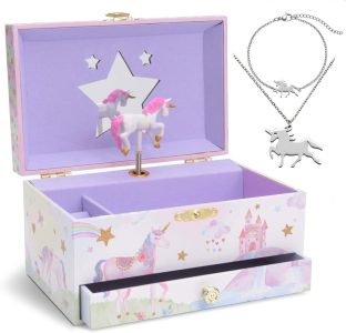 Jewelkeeper Schmuckaufbewahrung Glitzer Regenbogeneinhorn-Spieluhr & Schmuckset für kleine Mädchen - Rosa