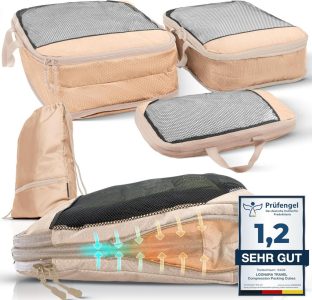 Kompressions-Packwürfel für Koffer und Rucksack von LOONARA Travel [4-teilig] - Beige