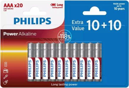 PHILIPS AAA Batterien Vorteilspack mit 20 Stück - Alkaline Batterien mit 10 Jahren Lagerfähigkeit und bis zu 118% mehr Energie