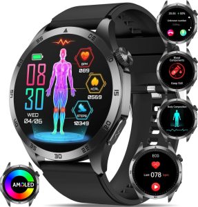 Smartwatch Herren Damen EKG+HRV/Harnsäure/BMI Gesundheitsuhr 1.43”AMOLED mit Always-On Display, Telefonfunktion und SOS-Notruf