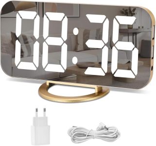 U-picks Spiegelwecker mit großem 6,5-LED-Display und USB-Ladeanschlüssen in Gold