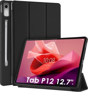 WD&CD Hülle für Lenovo Tab P12 12.7" 2023 - Ultradünne Schutzhülle aus PU Leder mit Standfunktion und Auto Schlaf/Wach - Schwarz