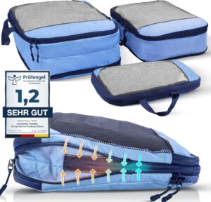 LOONARA Travel Kleidertaschen Set mit Kompression für Rucksack [3-teilig] - Mehr Platz im Koffer oder Backpack - Farbe: Mariner's Azure - Blau