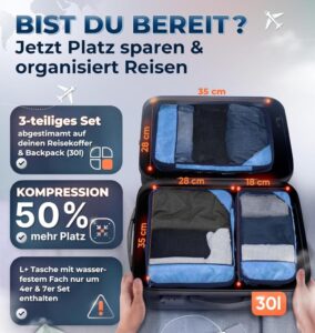 LOONARA Travel Kleidertaschen Set mit Kompression für Rucksack [3-teilig] - Mehr Platz im Koffer oder Backpack - Farbe: Mariner's Azure - Blau