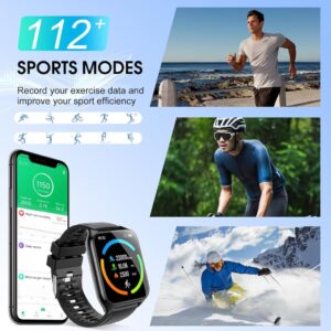 Smartwatch Damen Herren, 1,85 Zoll HD Touchscreen mit Bluetooth Anrufe, 112 Sportmodi, Herzfrequenzmonitor, Schlafmonitor, Schrittzähler, IP68 Wasserdicht - Schwarz