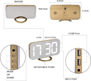 U-picks Spiegelwecker: Digitaler Wecker mit großem 6,5-LED-Display und 2 USB-Ladeanschlüssen