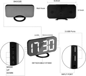 U-picks Digitaler Wecker mit Spiegeloberfläche und 3 USB-Ladeanschlüssen