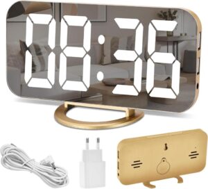 U-picks Spiegelwecker mit großem 6,5-LED-Display und USB-Ladeanschlüssen in Gold