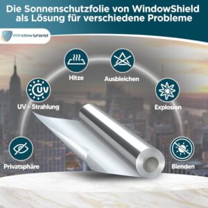 WindowShield® UV-Schutz Sonnenschutzfolie für Fenster innen oder außen, Selbstklebend, Silber reflektierende Fensterfolie, Rückstandslose Sonnenschutz Folie