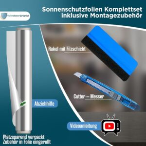 WindowShield® UV-Schutz Sonnenschutzfolie für Fenster innen oder außen, Selbstklebend, Silber reflektierende Fensterfolie, Rückstandslose Sonnenschutz Folie