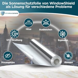 WindowShield® UV-Schutz Sonnenschutzfolie - Silber reflektierende Fensterfolie Selbstklebend