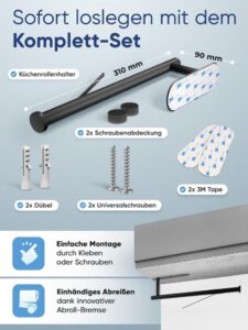 WOHNHELD® Küchenrollenhalter ohne Bohren mit Abroll-Bremse - Edelstahl schwarz