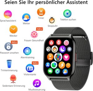 ZOSKVEE Smartwatch für Damen und Herren mit 2 Zoll Touch-Farbdisplay und Telefonfunktion